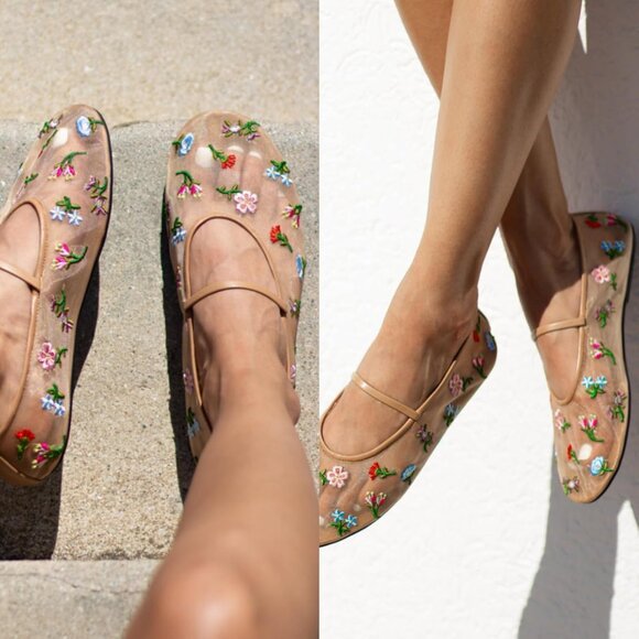 Nude Mesh Ballet Flats Women Tulle Floral Embroidered Round Toe Comfortable - Picture 2 of 6